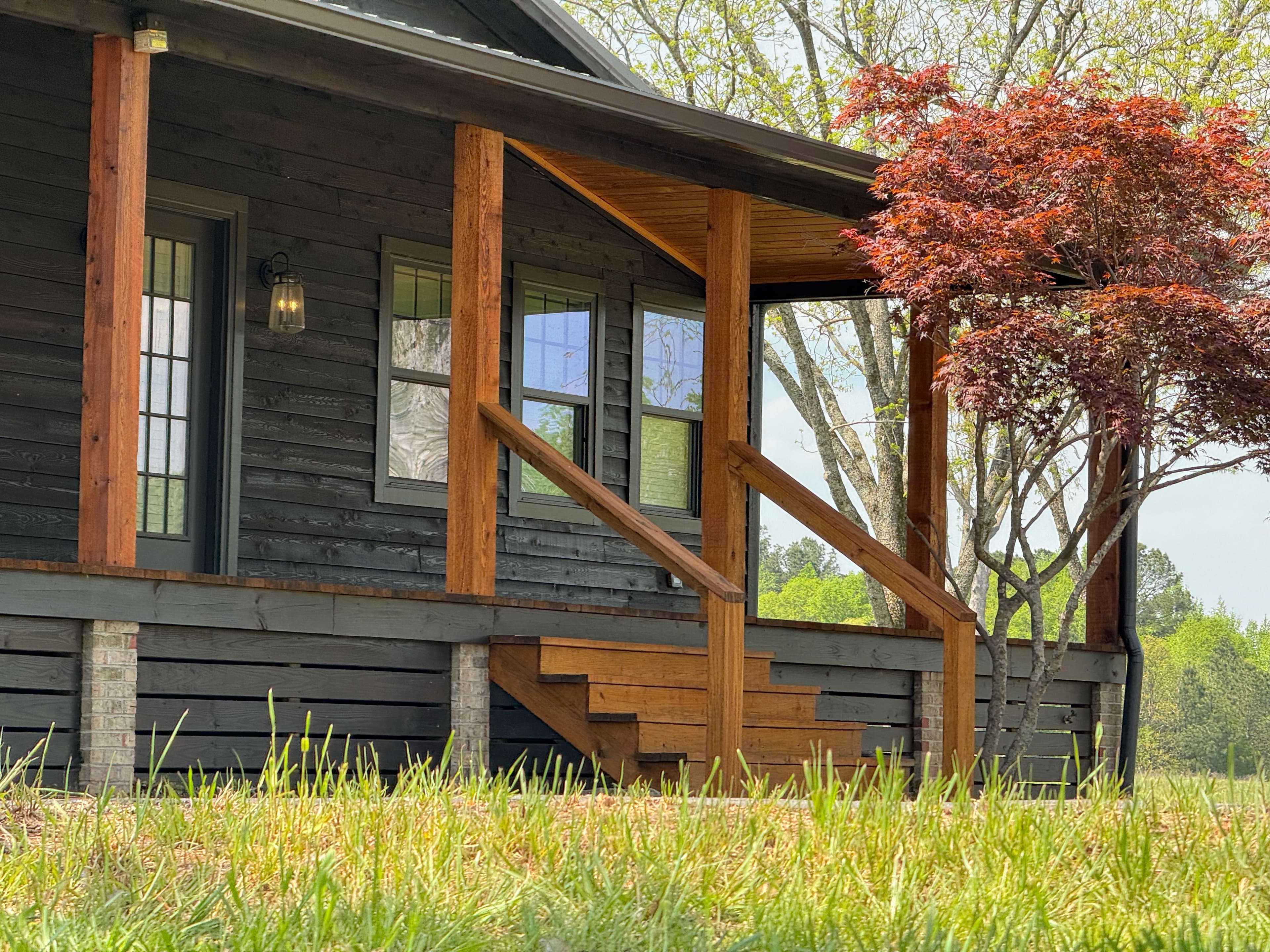 Stained porch posts and stairs