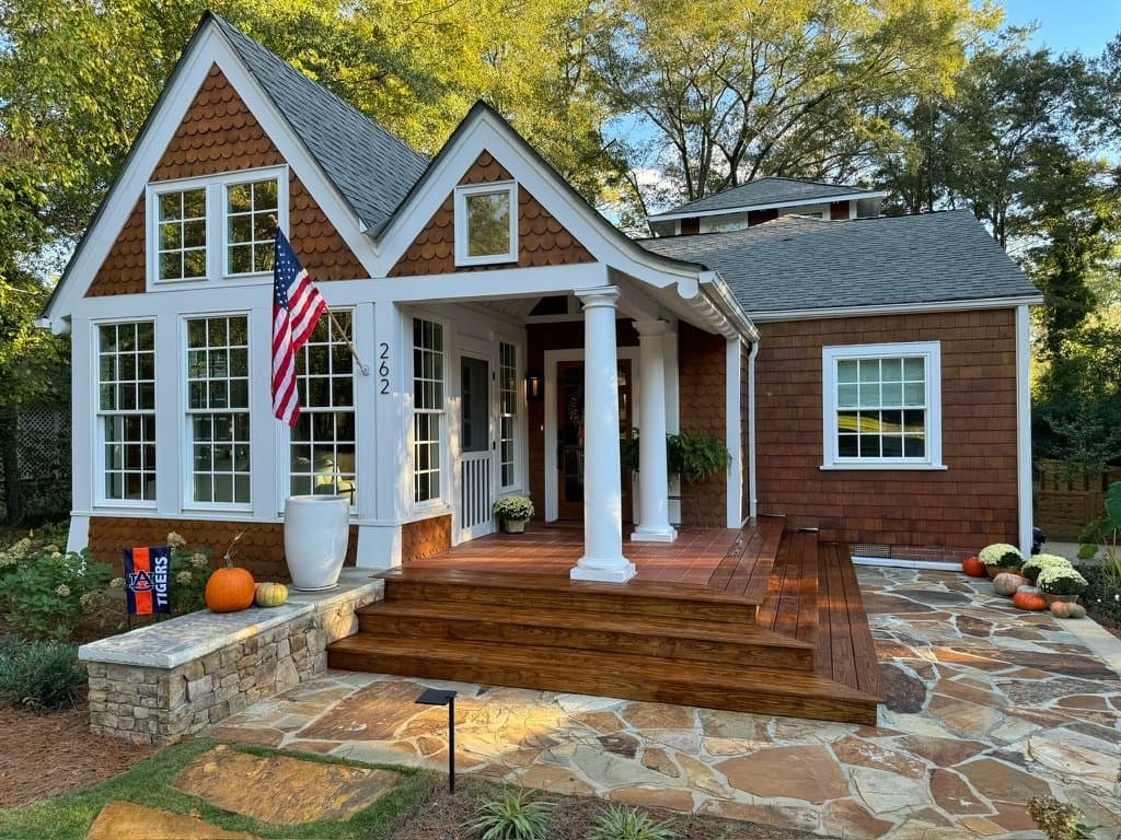 Front porch steps stained in Chestnut