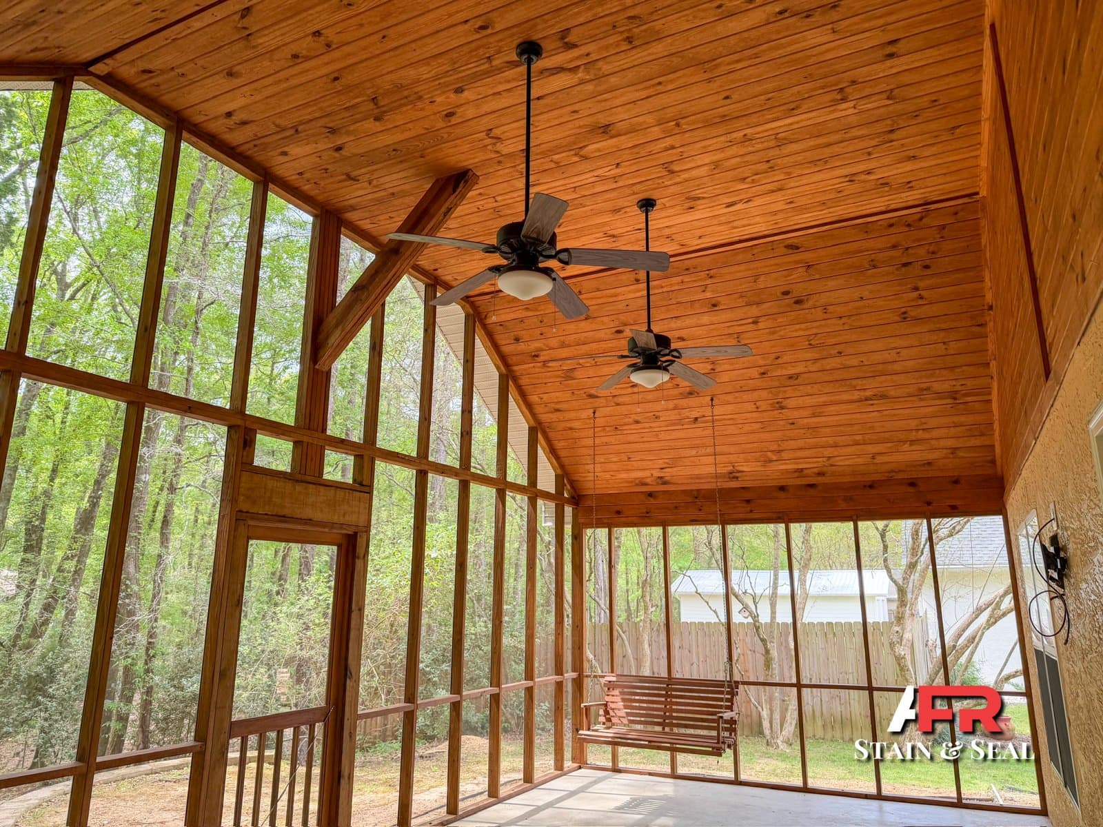 Screened porch stained in Pecan