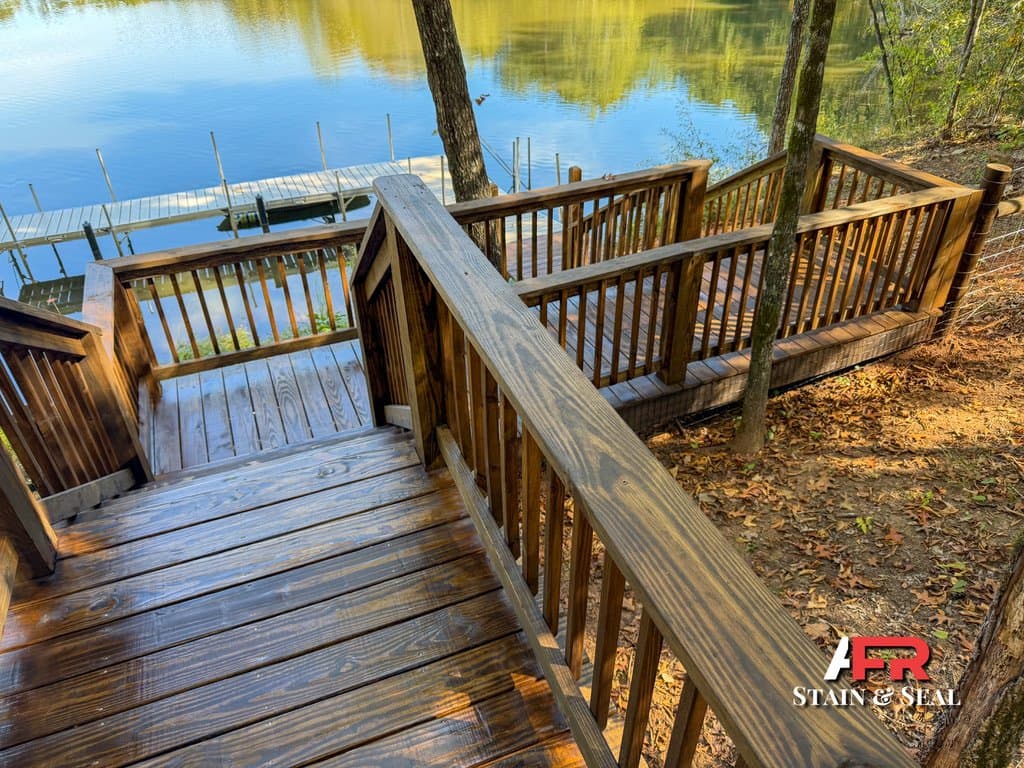 Lakeside deck and walkway stained in Walnut