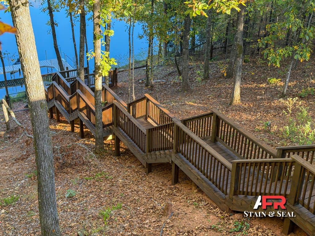 Lakeside stairs stained in Walnut